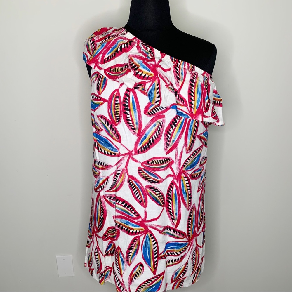 J. Crew Red, White & Blue Floral Print One Shoulder Ruffle Linen Blend Dress